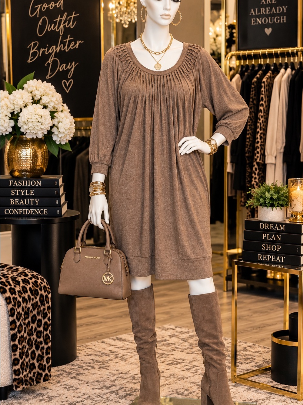 Rabbit Rabbit Rabbit Taupe Gathered Yoke Relaxed Midi Dress